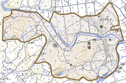 馬場とその周辺の地図。町の範囲を重ねている