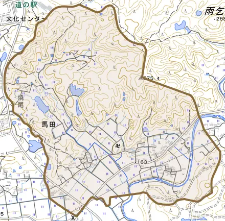 馬田とその周辺の地図。町の範囲を重ねている