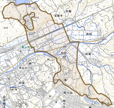 別府とその周辺の地図。町の範囲を重ねている