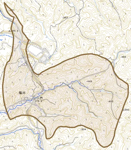 福川とその周辺の地図。町の範囲を重ねている