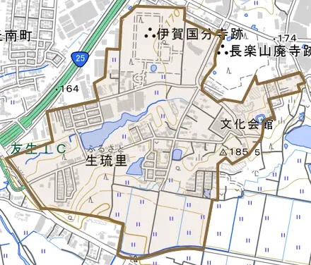 生琉里とその周辺の地図。町の範囲を重ねている