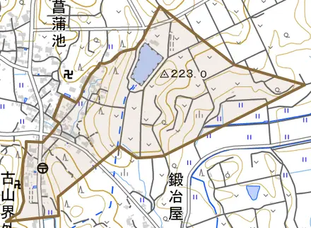 古山界外とその周辺の地図。町の範囲を重ねている