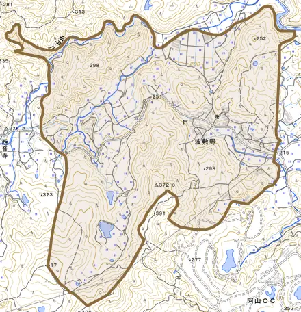 波敷野とその周辺の地図。町の範囲を重ねている