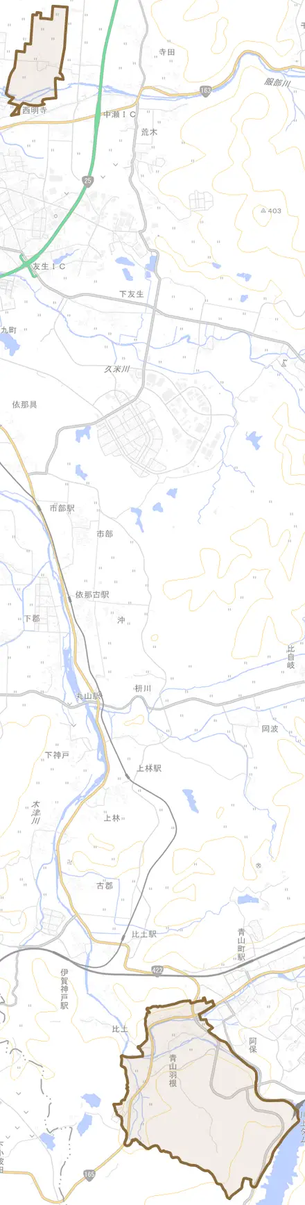 羽根とその周辺の地図。町の範囲を重ねている