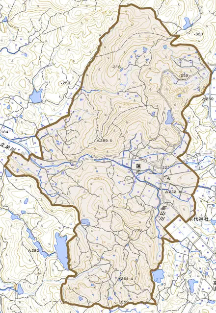 蓮池とその周辺の地図。町の範囲を重ねている