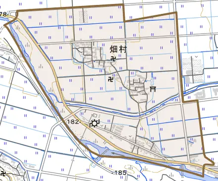 畑村とその周辺の地図。町の範囲を重ねている