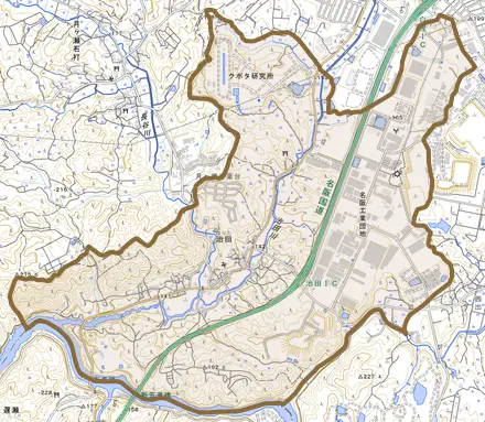 治田とその周辺の地図。町の範囲を重ねている