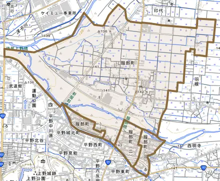 服部町とその周辺の地図。町の範囲を重ねている