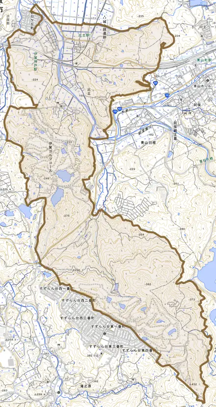 比土とその周辺の地図。町の範囲を重ねている