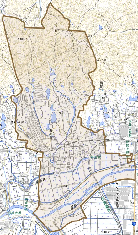 東高倉とその周辺の地図。町の範囲を重ねている