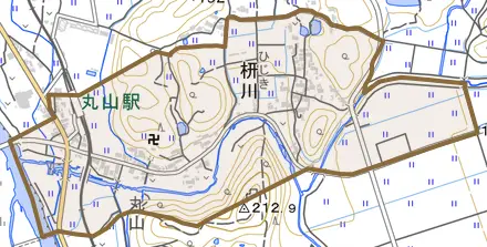 枅川とその周辺の地図。町の範囲を重ねている