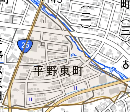 平野東町とその周辺の地図。町の範囲を重ねている