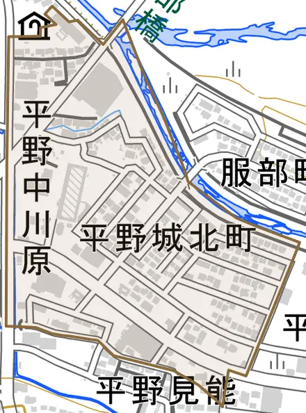 平野城北町とその周辺の地図。町の範囲を重ねている