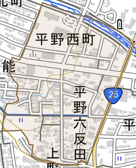 平野西町とその周辺の地図。町の範囲を重ねている