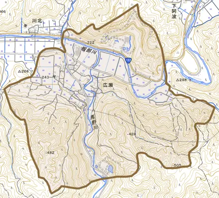 広瀬とその周辺の地図。町の範囲を重ねている
