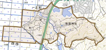 一之宮とその周辺の地図。町の範囲を重ねている