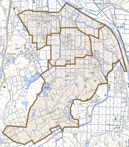 猪田とその周辺の地図。町の範囲を重ねている