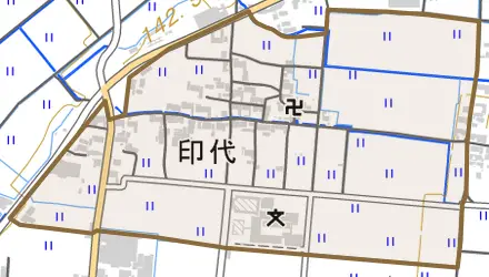 印代とその周辺の地図。町の範囲を重ねている