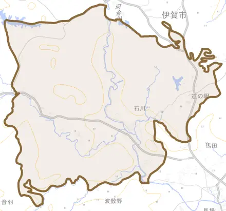 石川とその周辺の地図。町の範囲を重ねている