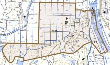 上郡とその周辺の地図。町の範囲を重ねている