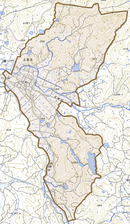 上友生とその周辺の地図。町の範囲を重ねている