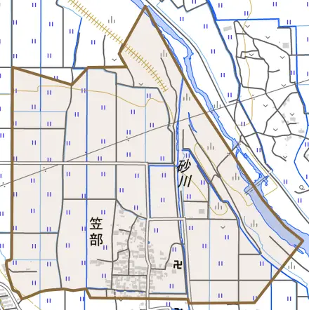 笠部とその周辺の地図。町の範囲を重ねている