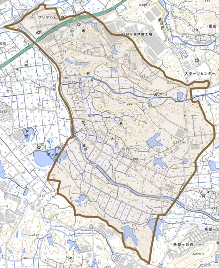 川東とその周辺の地図。町の範囲を重ねている