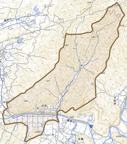 川北とその周辺の地図。町の範囲を重ねている