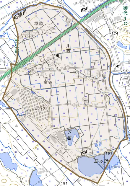 川西とその周辺の地図。町の範囲を重ねている