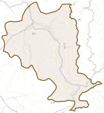 霧生とその周辺の地図。町の範囲を重ねている