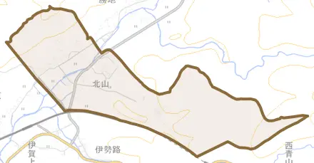 北山とその周辺の地図。町の範囲を重ねている