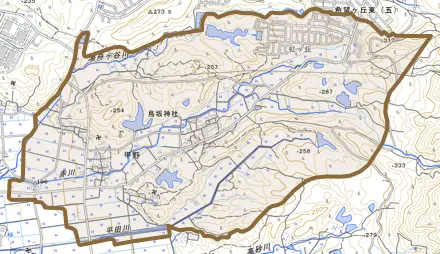 甲野とその周辺の地図。町の範囲を重ねている