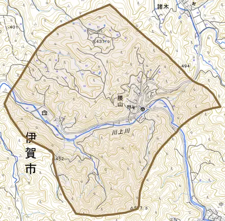 腰山とその周辺の地図。町の範囲を重ねている