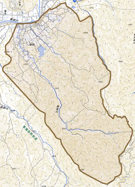 猿野とその周辺の地図。町の範囲を重ねている
