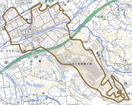 御代とその周辺の地図。町の範囲を重ねている