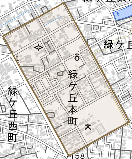 緑ケ丘本町とその周辺の地図。町の範囲を重ねている
