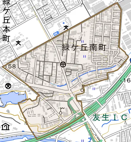 緑ケ丘南町とその周辺の地図。町の範囲を重ねている