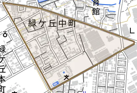 緑ケ丘中町とその周辺の地図。町の範囲を重ねている