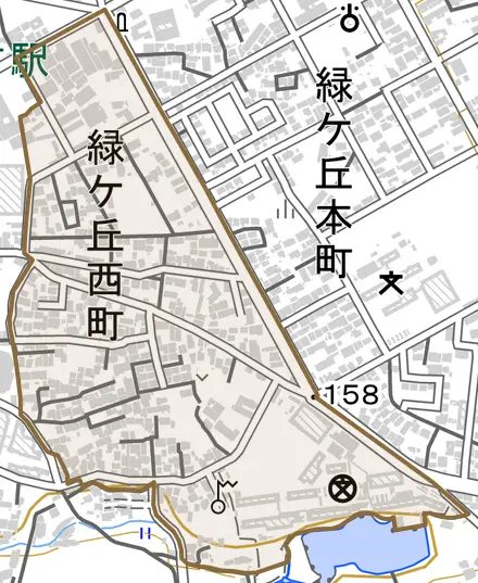 緑ケ丘西町とその周辺の地図。町の範囲を重ねている