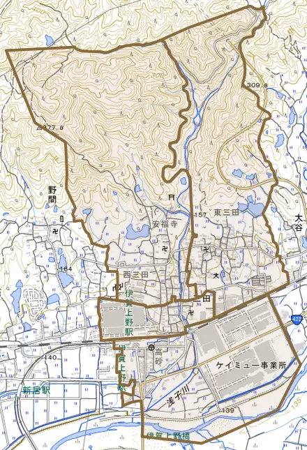 三田とその周辺の地図。町の範囲を重ねている