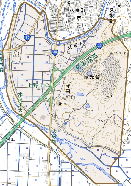 守田町とその周辺の地図。町の範囲を重ねている