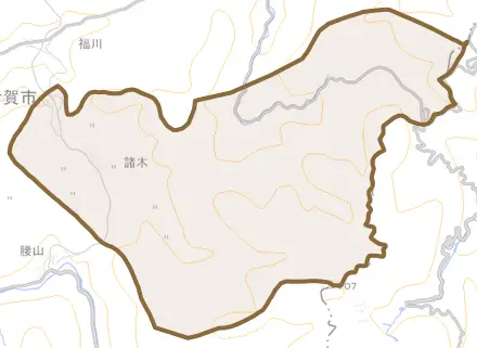 諸木とその周辺の地図。町の範囲を重ねている