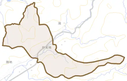 妙楽地とその周辺の地図。町の範囲を重ねている