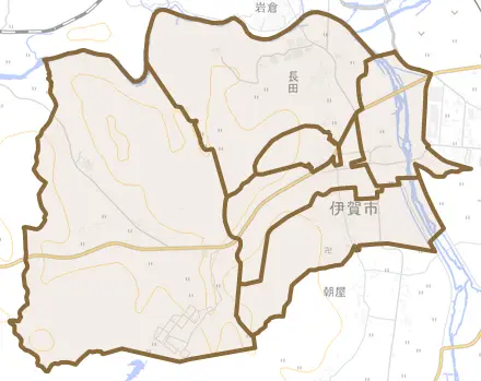 長田とその周辺の地図。町の範囲を重ねている