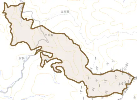 中馬野とその周辺の地図。町の範囲を重ねている