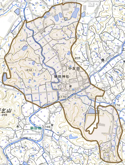 中友田とその周辺の地図。町の範囲を重ねている