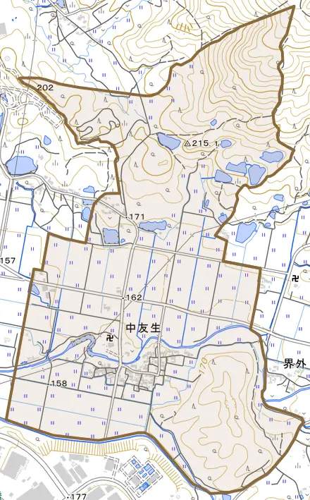 中友生とその周辺の地図。町の範囲を重ねている