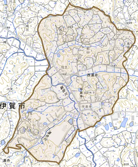 西湯舟とその周辺の地図。町の範囲を重ねている