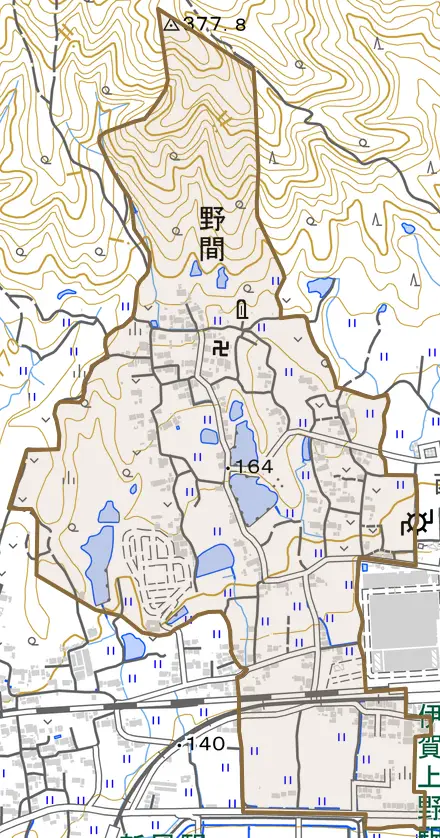 野間とその周辺の地図。町の範囲を重ねている