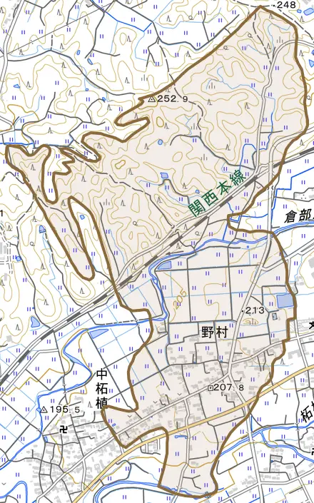 野村とその周辺の地図。町の範囲を重ねている
